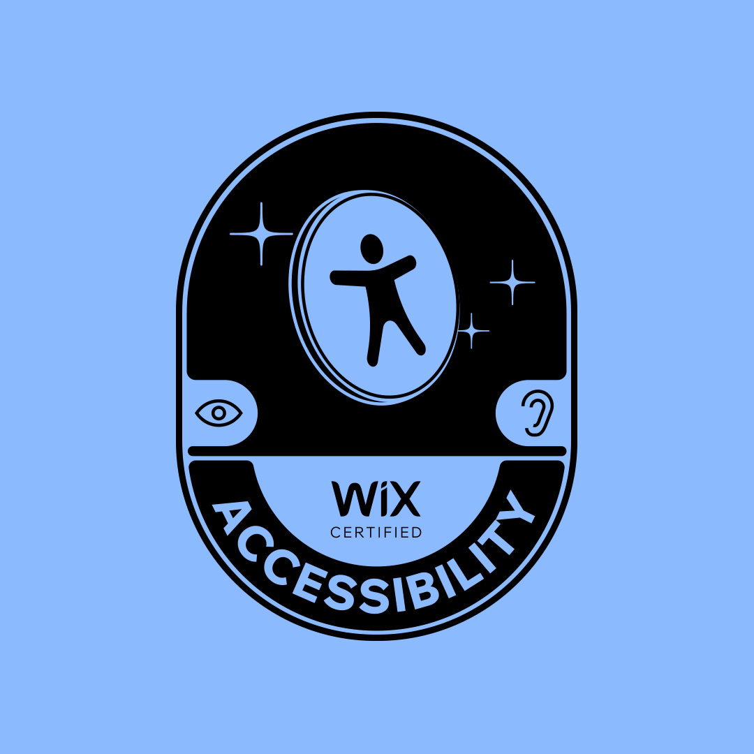 Wix certified accessibility badge on a blue background with the badge centered.