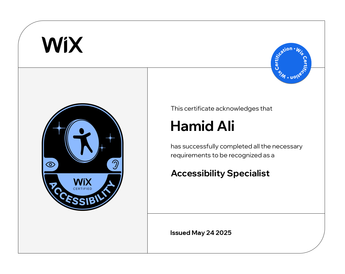 Wix certificate document showing Hamid Ali as an Accessibility Specialist, issued May 24 2025.